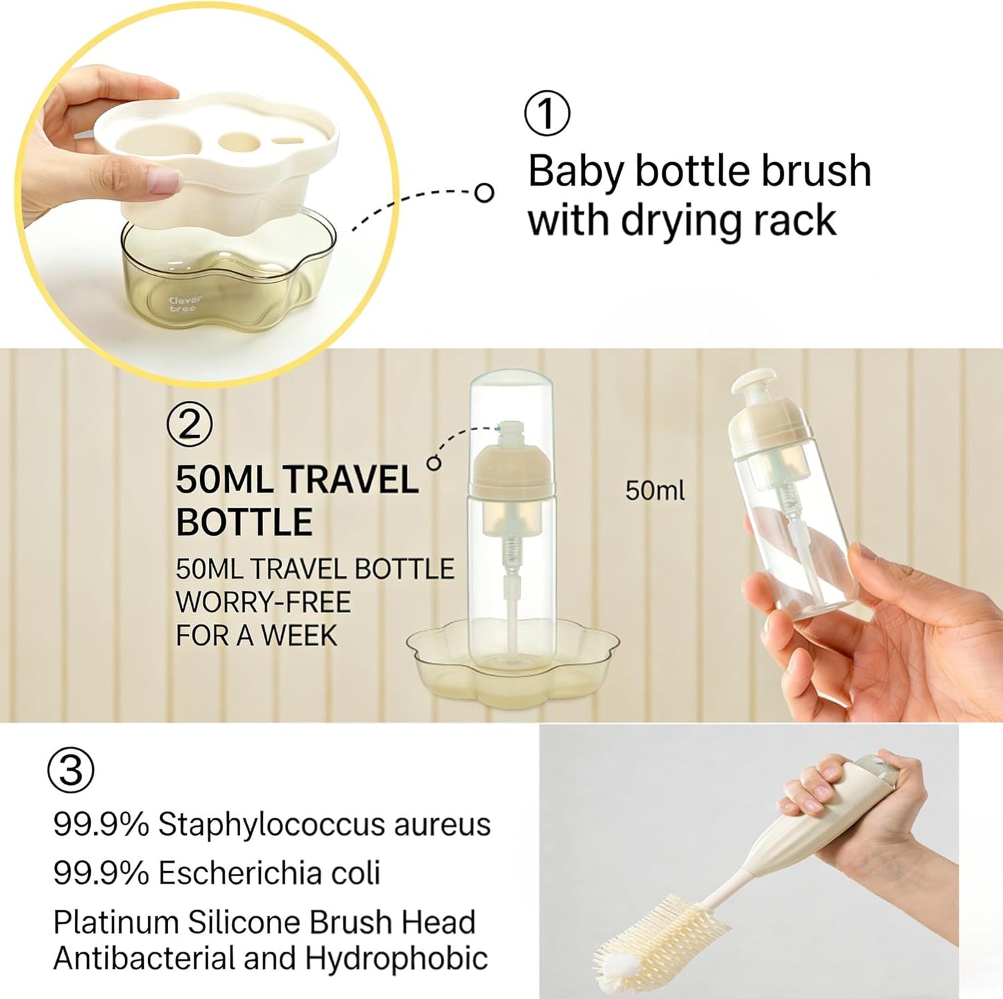 Baby Bottle Brush Kit with Push-Press Bubble and Drying Rack for Bottle Cleaning, Bendable Bottle Cleaner Brush for Baby Bottles, Breast Pumps, Nipples, Straws and More. Perfect for Home&Travel (Pink)