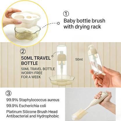 Baby Bottle Brush Kit with Push-Press Bubble and Drying Rack for Bottle Cleaning, Bendable Bottle Cleaner Brush for Baby Bottles, Breast Pumps, Nipples, Straws and More. Perfect for Home&Travel (Pink)