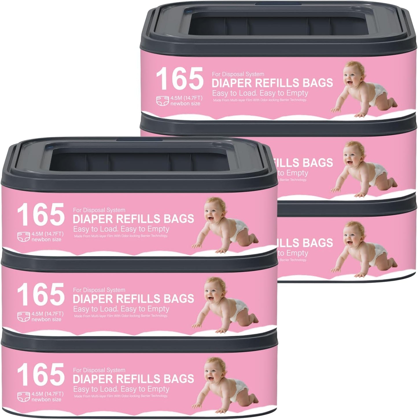 Square Starter Refills Disposal Bags Refill Compatible with Genie Diaper Compact,Select Pails (Not Fit Classic Version Pails), Hold Up to 165 Newborn-Sized Diapers Per Refill,6 Pack