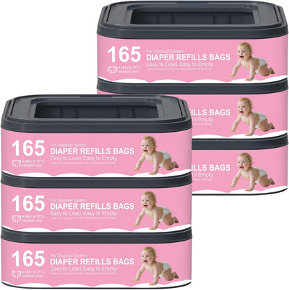 Square Starter Refills Disposal Bags Refill Compatible with Genie Diaper Compact,Select Pails (Not Fit Classic Version Pails), Hold Up to 165 Newborn-Sized Diapers Per Refill,6 Pack