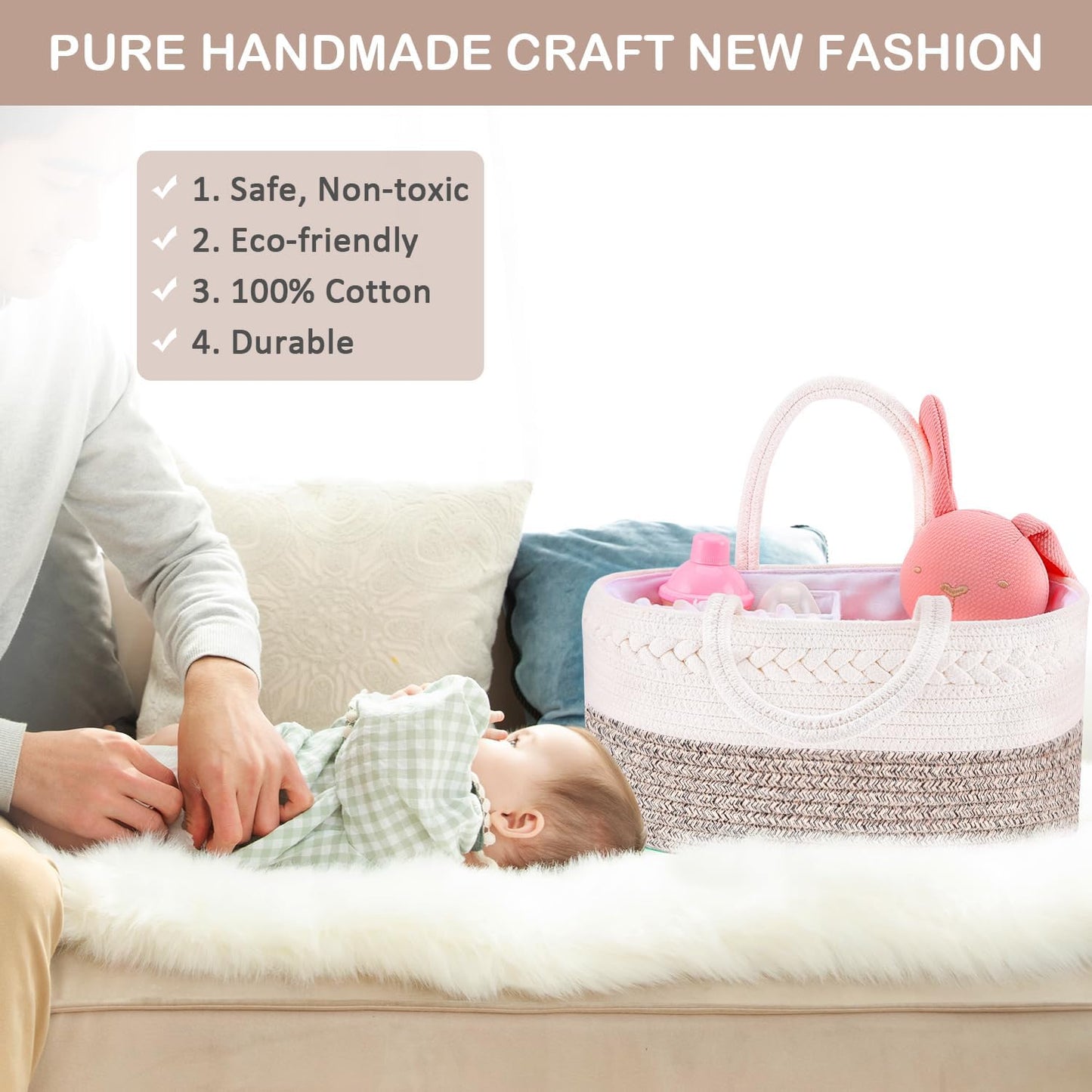 ABenkle Baby Diaper Caddy, Nursery Storage Bin and Car Organizer for Diapers and Baby Wipes, Cotton Rope Diaper Basket Caddy, Changing Table Diaper Storage Caddy