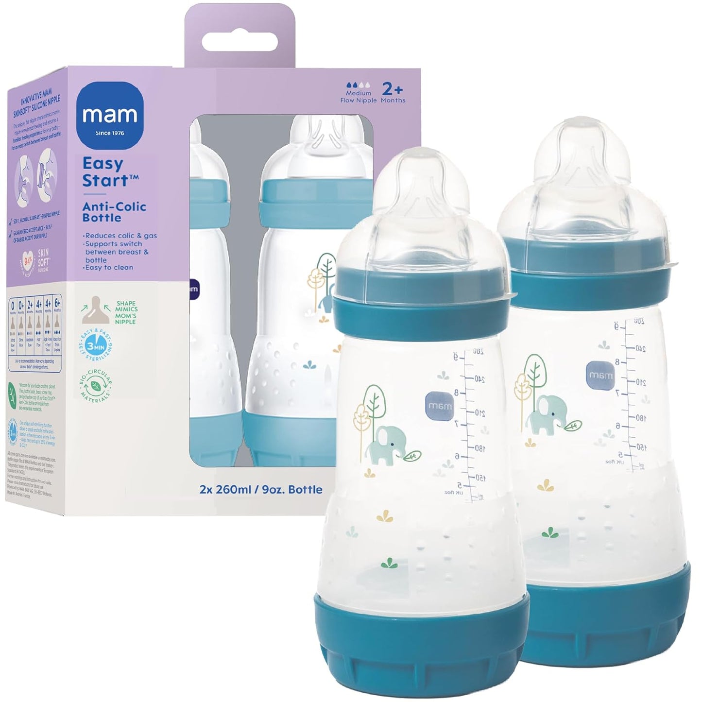 MAM 9oz Easy Start Anti-Colic+ Wide Neck Baby Bottle, Medium Flow Breastfeeding-Like Nipple, Reduces Colic Gas & Reflux, Easy To Clean, BPA Free, 2+ Months, Made In Europe, Bonus Fast Flow Nipple, Boy