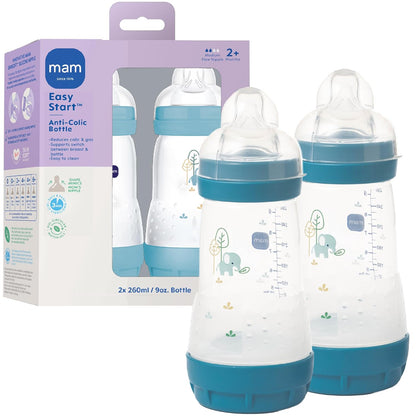 MAM 9oz Easy Start Anti-Colic+ Wide Neck Baby Bottle, Medium Flow Breastfeeding-Like Nipple, Reduces Colic Gas & Reflux, Easy To Clean, BPA Free, 2+ Months, Made In Europe, Bonus Fast Flow Nipple, Boy