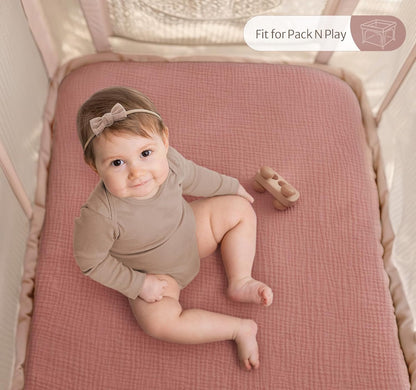 Blissful Diary Muslin Bassinet Sheets for Baby Girls Boys, Boho Soft Cotton Fitted for Oval Hourglass Rectangle Mattress, 2 Pack(Sunshine&Brown)
