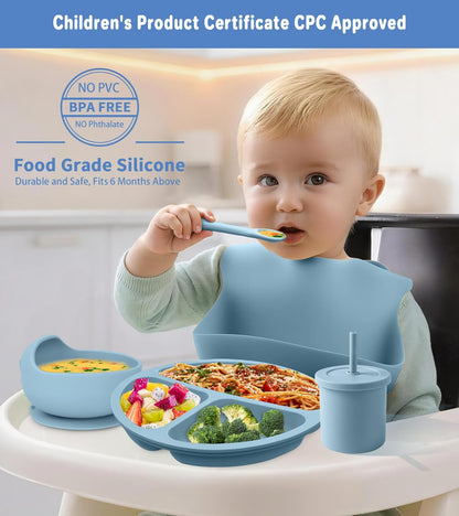 Silicone Baby Feeding Set, 10 Pcs Baby Led Weaning Supplies Baby Eating Essentials Set with Suction Bowl Divided Plate Adjustable Bib Soft Spoon Fork Cup with Lid Drinking Cup, Travel Bag (Blue)