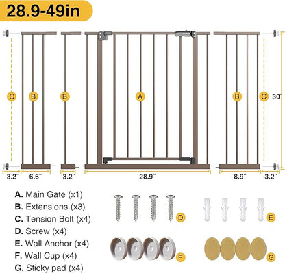 InnoTruth 28.9-49" Baby Gate for Doorways, 30" Tall Extra Wide Doggy Gates for Stairs One-Hand Opening, Easy Walk Thru Dual Lock Dog Gates for The House, Kitchen, Balcony, Easy Install Kid Gate,Brown