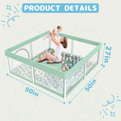 TOREVSIOR Foldable Baby Playpen with Mat, 50"×50" Collapsible Play Pen for Babies and Toddlers, Indoor & Outdoor Kids Safety Play Pen, Portable Play Yard, Foldable Baby Playpen with 50 Ocean Balls