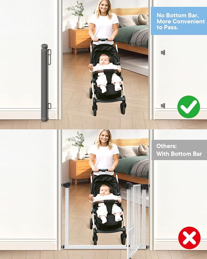 Retractable Baby Gate for Stairs – 34" Height, Expands up to 71" Width, Safety Gate for Infants, Toddlers, Dogs & Pets, Easy Install, Gray Puppy Gate for Indoor & Outdoor Use, Gray