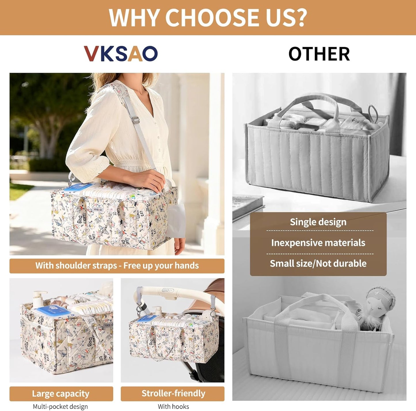 Baby Boy Essentials Diaper Caddy Organizer – Portable Storage Basket with Shoulder Strap & Stroller Hooks, Splashproof Quilted Nursery & Car Tote, Baby Gifts for Baby Shower, Classic Blue