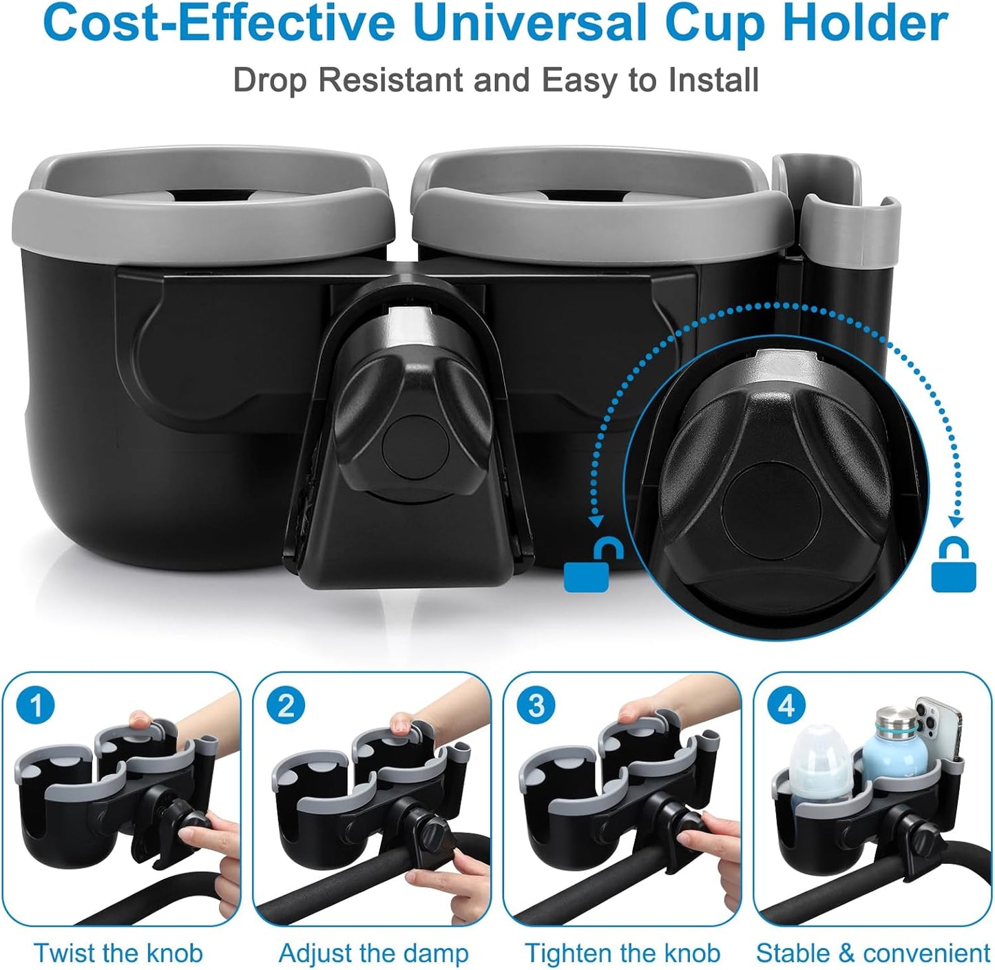 Accmor Stroller Cup Holder with Phone Holder, Bike Cup Holder, Universal Cup Holder for Uppababy Nuna Doona Strollers, 2-in-1 Cup Phone Holder for Stroller Bike Accessory