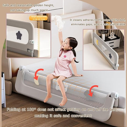Bed Rail for Toddlers, 71" Foldable Baby Bed Rail Guard with Drilled-Free Installation, Adjustable Height, Suitable for Twin, Full, Queen & King Size (Gray Patchwork, 71inch)
