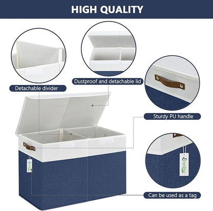 Bagnizer Large Toy Storage Box with Lids, Collapsible Sturdy Baby Storage Organizer Chest Bin Basket for Kids, Boys, Girls, Playroom, Nursery, Bedroom, Closet 25"x13"x16" (Navy Blue and White)