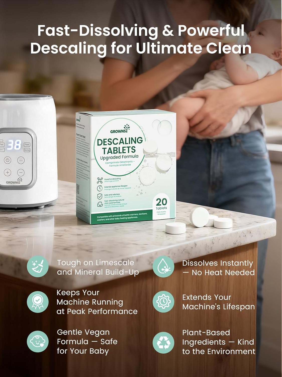 GROWNSY Descaler for Bottle Warmer & Sterilizer, Daily Essential Descaling Tablets, Cleaner for Baby Food Makers, Deep Limescale & Odor Removal, Performance Care, 20 Count for Regular Maintenance