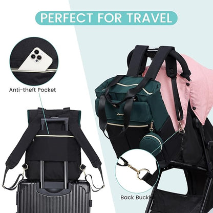 LOVEVOOK Diaper Bag Backpack,Diaper Tote Bag with Insulated Pockets,Baby Bag for Girl Boy with Changing Pad,Large Baby Diaper Bag with Pacifier Case,Anti-Theft Travel Backpack for Women,Black-Green