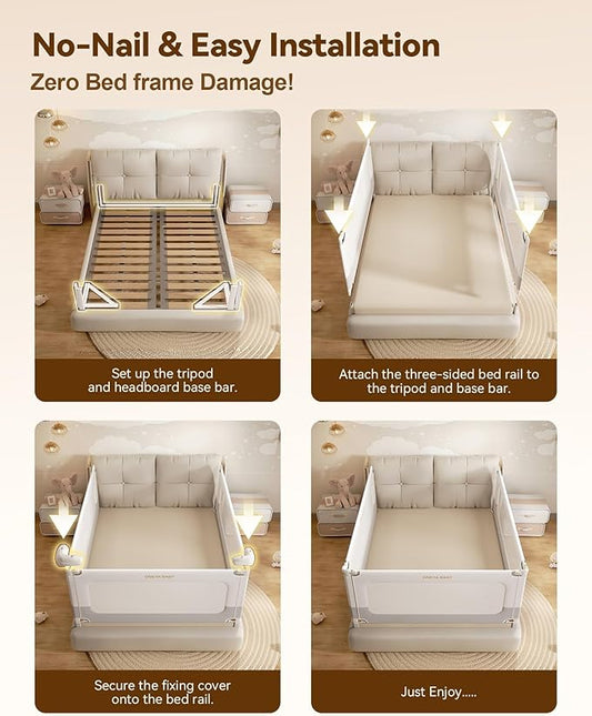 3 Piece Full Size Bed Rails for Toddlers, No-drill Needed Baby Bed Rail Guard with Height Adjustable, Thickened & Reinforced Child Safety Side Railing Guards/Bedrail for Kids,White/Grey, 54x74.8x74.8”