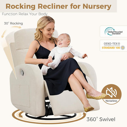 Dual Motors Power Recliner with Adjustable Headrest, Electric Swivel Rocker Recliner for Nursery, Glider Reclining Rocking Nursery Chairs for Small Space, Living Room, Bedroom, Chenille Cream White