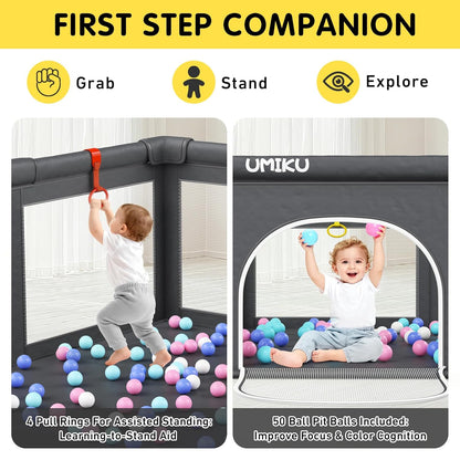 Baby Playpen Foldable Playpen for Babies and Toddlers, Large Playpens Portable Play Pen Play Yard for Kids Fence Indoor Outdoor Travel 4 Handlers 50 Balls Baby Gifts Essentials 50"X50" Dark Grey