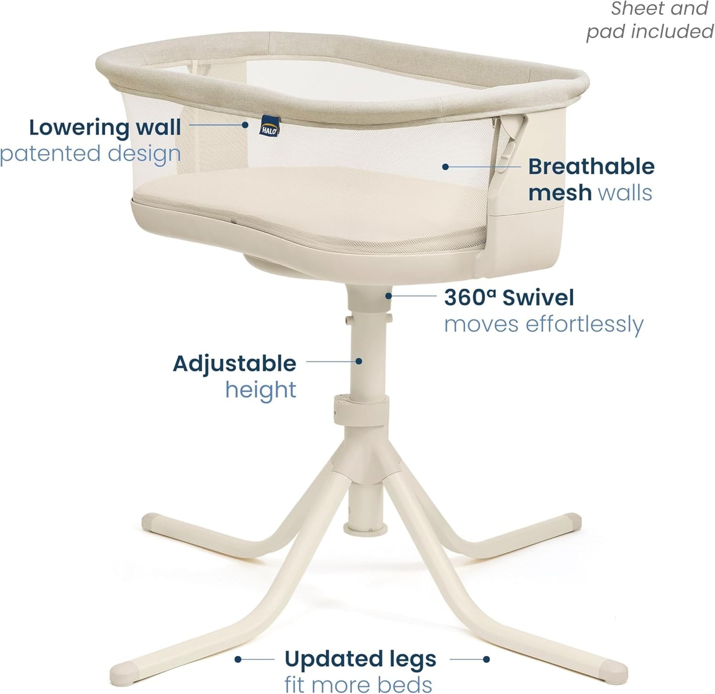 HALO BassiNest Swivel Sleeper 3.0 – Over-Bed Baby Bassinet with 360 Rotation, Adjustable Height, Breathable Mesh, Safe Close Sleeping, Lowering Wall for Easy Access, Feeding & C-Section Recovery