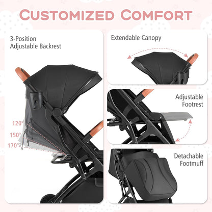 BABY JOY Lightweight Stroller, Compact Travel Stroller with One-Hand Fold, Adjustable Backrest, Canopy, Cup Holder, Footmuff & Storage Basket for Toddlers (Gray)