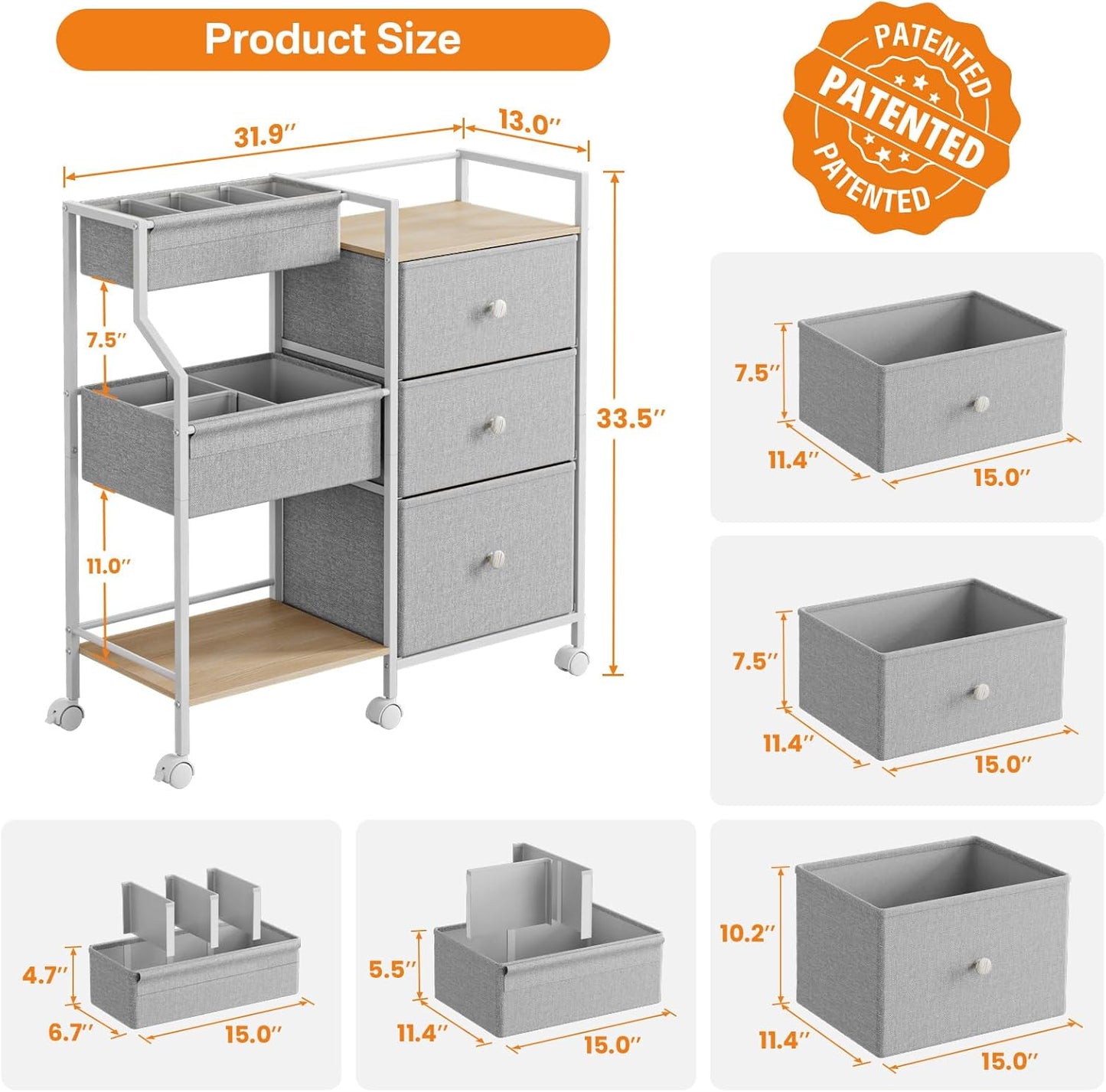 Modanais Baby Diaper Caddy Organizer Cart - 3 Tier Rolling Cart with Dividers and Drawers, Easy To Assemble, Mobile Utility Cart with Wheels for Nursery, Bedroom, Changing Table & Crib