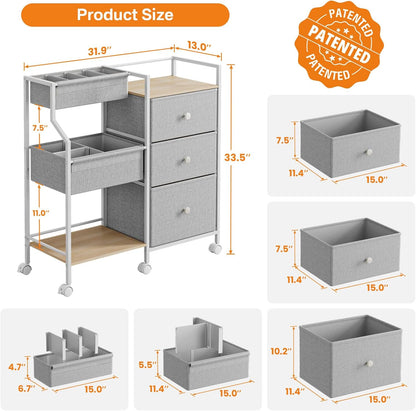 Modanais Baby Diaper Caddy Organizer Cart - 3 Tier Rolling Cart with Dividers and Drawers, Easy To Assemble, Mobile Utility Cart with Wheels for Nursery, Bedroom, Changing Table & Crib