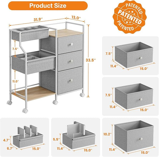 Modanais Baby Organizer and Storage - 3 Tier Rolling Cart with Dividers and Drawers, Easy To Assemble, Mobile Utility Cart with Wheels for Nursery, Bedroom, Changing Table & Crib,Light Gray