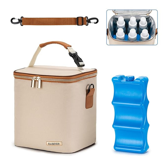 Breastmilk Cooler Bag with Ice Pack Fits 6 Baby Bottles Up to 9 Ounce, Baby Bottle Bag with Shoulder Strap for Nursing Mom Daycare, Cream