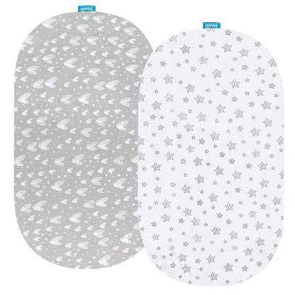 Bassinet Sheets Fit for Simmons Kids By The Bed City Sleeper Bassinet(Twins), Moses Basket and Hospital Bassinet, 100% Cotton, 2 Pack, Gray and White Print - Colors B