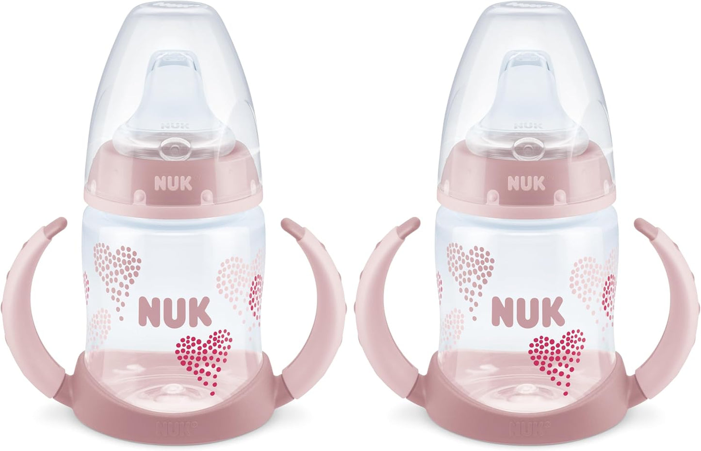 NUK Learner Cup, 5 Oz, Pack of 2, Pink Hearts, Soft Spout, Easy-Grip Handles, BPA Free, Spill Proof, Transition Sippy Cup