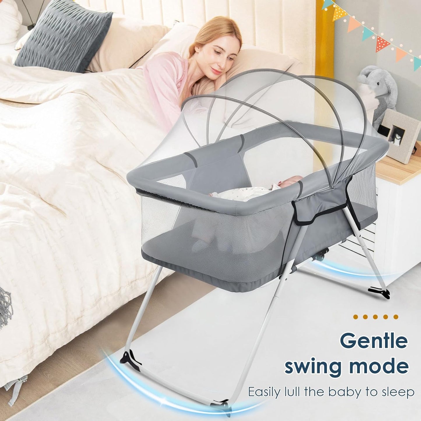 Portable Baby Bassinet - Foldable Bedside Bassinet, Lightweight Playpen with Mosquito Net, 42.5 x 40.2 x 20.8 inches, Black