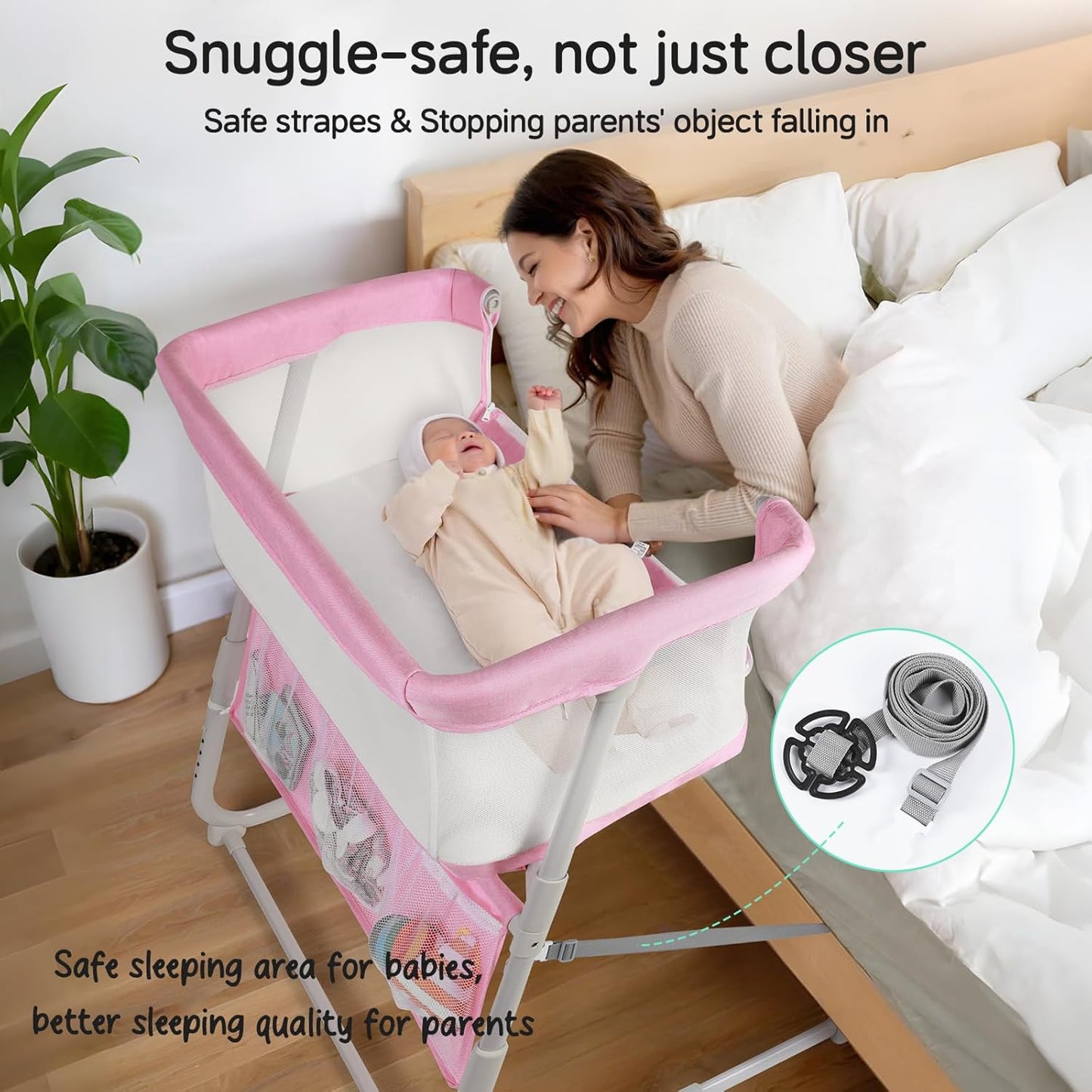 Cowiewie Bassinet Bedside Sleeper,Baby Bassinet Slides Over Bed,5-Position Height Adjustment & Breathable All-Mesh Wall Bedside Bassinet for Baby,Space-Saving Bedside Crib, Height(37.4-41.3") (Beige)