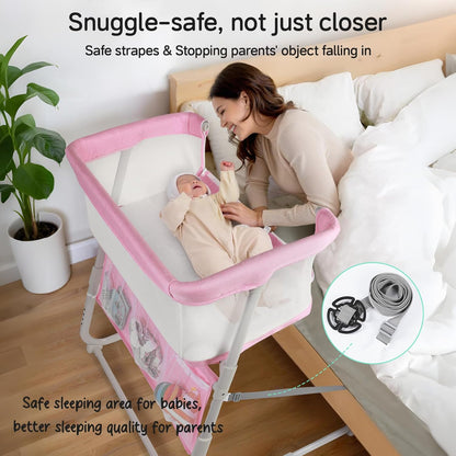 Cowiewie Bassinet Bedside Sleeper,Baby Bassinet Slides Over Bed,5-Position Height Adjustment & Breathable All-Mesh Wall Bedside Bassinet for Baby,Space-Saving Bedside Crib, Height(37.4-41.3") (Beige)