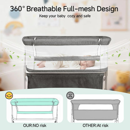 Cowiewie Bassinet Bedside Sleeper,Baby Bassinet Slides Over Bed,5-Position Height Adjustment & Breathable All-Mesh Wall Bedside Bassinet for Baby,Space-Saving Bedside Crib, Height(37.4-41.3") (Beige)