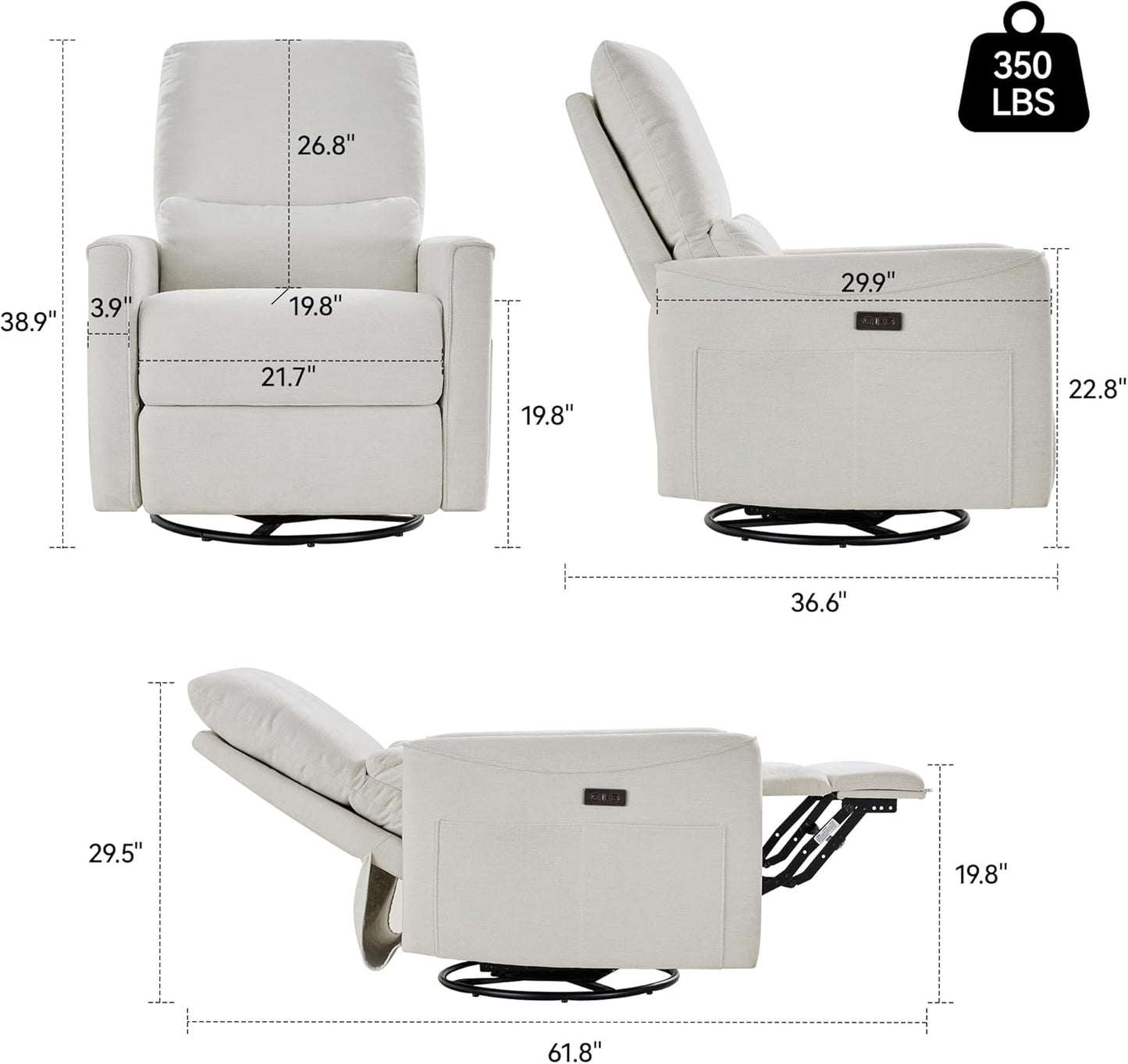 Power Swivel Rocker Recliner,Fabric Glider Recliner Nursery Chair,Small Rocking Chair,Single Reclining Sofa with Lumbar Support,USB&Type-C Ports,Living Room Home Threater Seat, Flint Grey