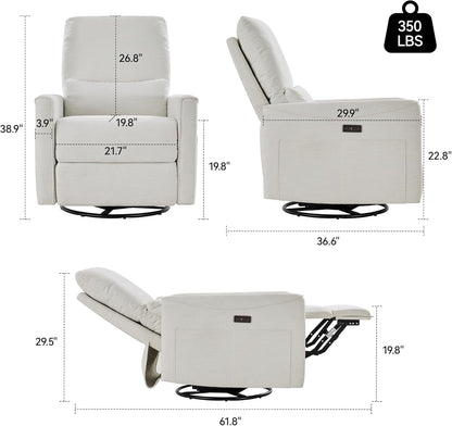 Power Swivel Rocker Recliner,Fabric Glider Recliner Nursery Chair,Small Rocking Chair,Single Reclining Sofa with Lumbar Support,USB&Type-C Ports,Living Room Home Threater Seat, Flint Grey