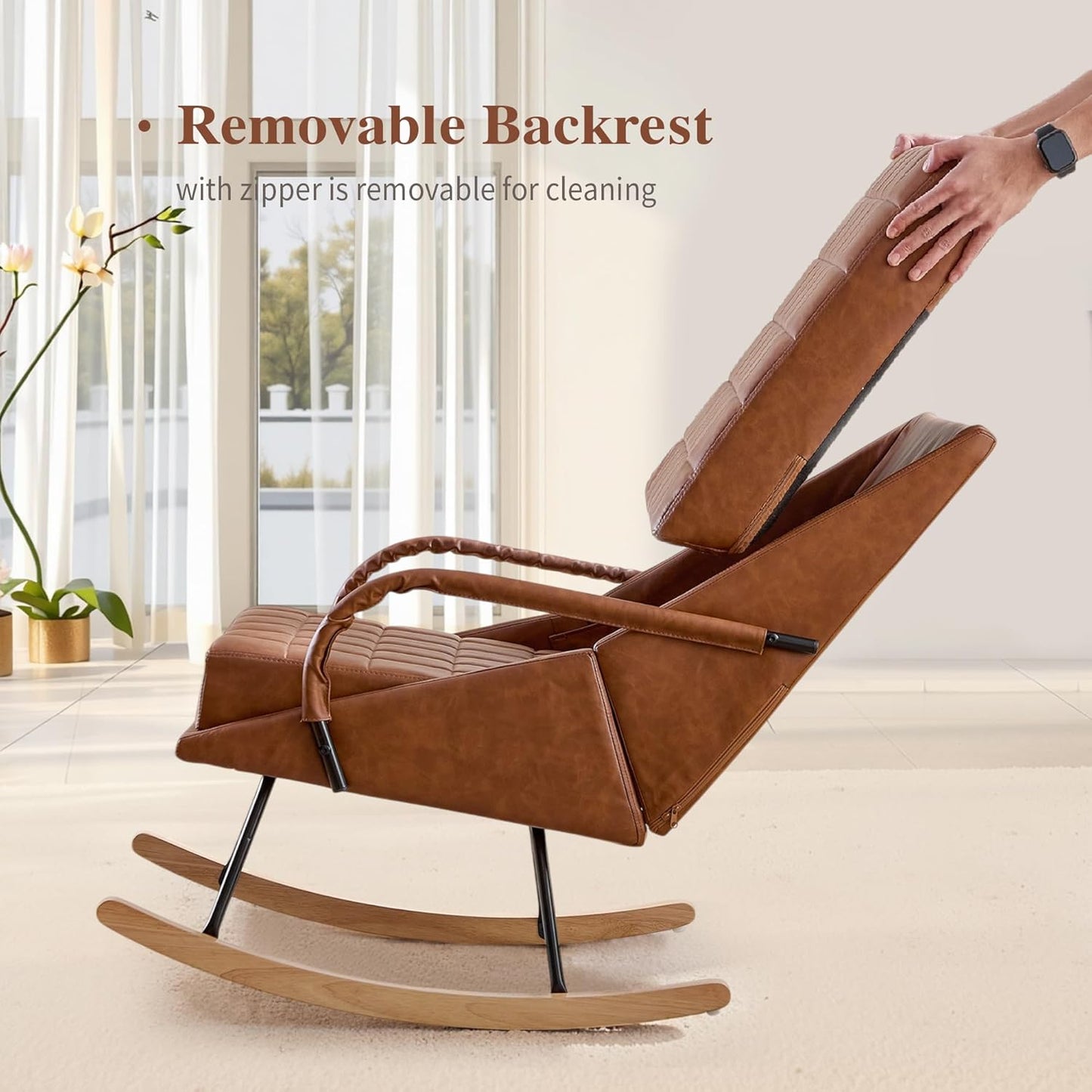 VECELO Rocking Chair Nursery, Oversized Leather Glider Rocker with Padded Cushion, Upholstered Removable High Back, Brown