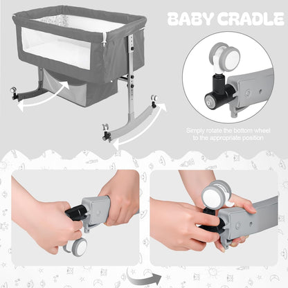 Baby Bedside Sleeper Bassinet with Changing Table, 39.4x23.6in, Portable, 6-Height Adjustable, 4-in-1 Iron Frame, Silent Wheels & Brakes, Breathable Mesh, Grey, for 0-24 Months