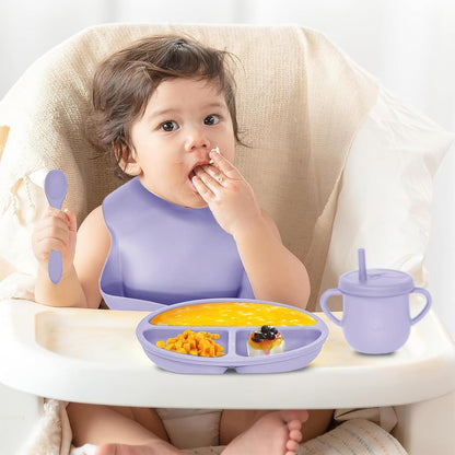 100% Silicone Baby Feeding Set, BPA Free Baby Dishes with Suction Bowl, Divided Plate, Toddler Self Feeding Dish Set with Spoons, Forks, Sippy Cup and Bib, Baby Eating Utensils (Navy Blue)
