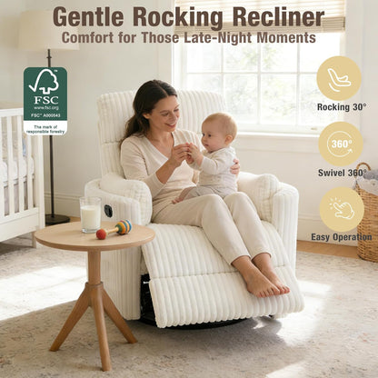 Swivel Rocking Chair for Adults, Oversized Rocker Recliner，Nursery Glider Chair with 2 Pillows, Manual Wide Recliner Single Sofa Barrel Armchair for Living Room, Bedroom, Nursery, White
