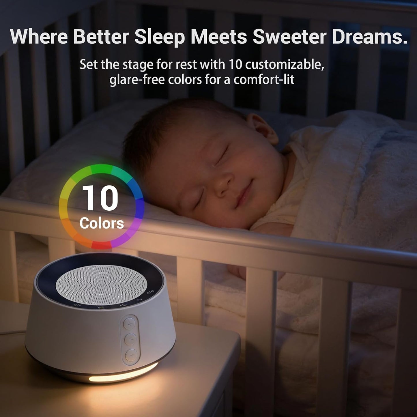 BGOVERSS White Noise Sound Machine with 20 Soothing Sounds, 10 Colors Night Light Sleep Machines Home Office Travel, 5 Timers and Memory Feature Sound Machine for Nursery Baby Kids Adults (White)