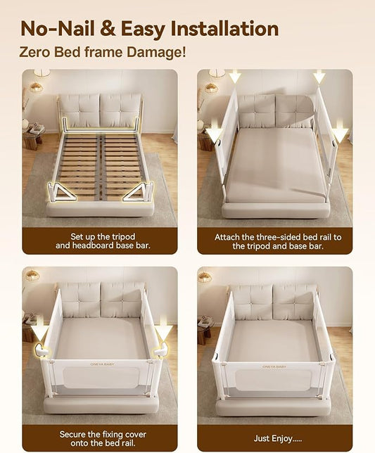Bed Rails for Toddlers 3 Pack, Thickened & Reinforced Baby Rail Guard with No-Nail Design, Height Adjustable Toddler Rails for King Size Bed, Kids Safety Bed Side Rails, (74.8x78.7x78.7in)