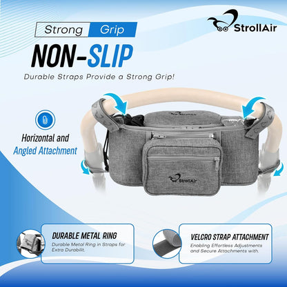StrollAir Universal Stroller Organizer with Insulated Cup Holder, Stroller Caddy Compatible with Cosmos, Solo, Nuna, Baby Jogger, Bumbleride, Uppababy, Parent Drink Holder Stroller Accessories (Black)