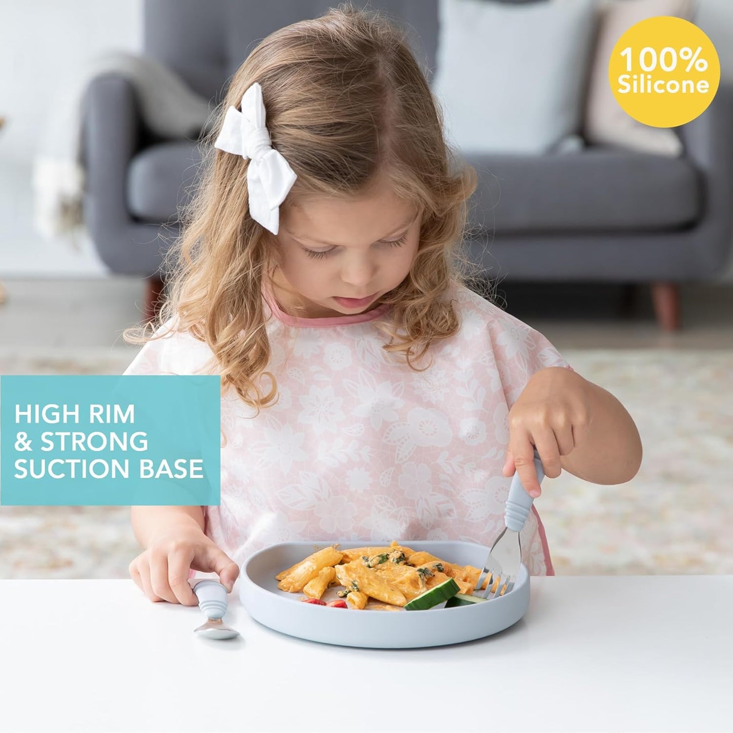 Bumkins Toddler and Baby Suction Plate, Divided Grip Dish for Babies and Kids, Baby Led Weaning, Feeding Supplies, Sticks to Tables and Highchairs, Platinum Silicone, for Chidren 6 Months, Gray