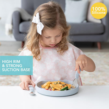Bumkins Toddler and Baby Suction Plate, Divided Grip Dish for Babies and Kids, Baby Led Weaning, Feeding Supplies, Sticks to Tables and Highchairs, Platinum Silicone, for Chidren 6 Months, Gray