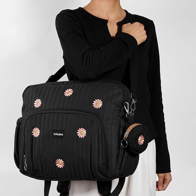 GOBABYMART Diaper Bag Backpack, Medium Maternity baby bag & Changing Pad, Insulated Pockets, Stroller Straps & Pacifier Case (Medium - Black Flowers)