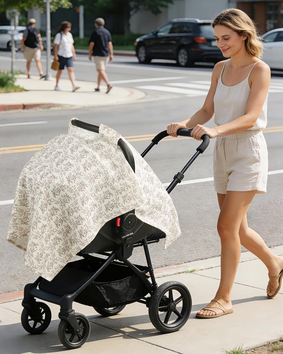 100% Muslin Cotton Car Seat Cover for Baby, Soft Breathable Car Seat Canopy, Universal Infant Carseat Cover Sun Protector, Lightweight Summer Stroller Cover for Boys Girls - Strawberry