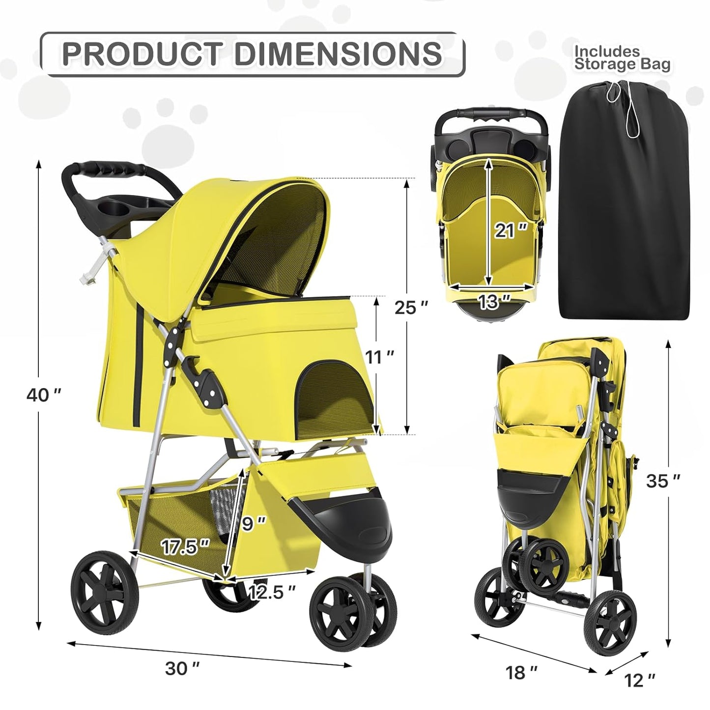 MoNiBloom Foldable Pet Stroller with Weather Cover, 3 Wheels Pet Strolling Cart for Small/Medium Dogs and Cats with Storage Basket and Cup Holder, Breathable and Visible Mesh for All-Season, Black