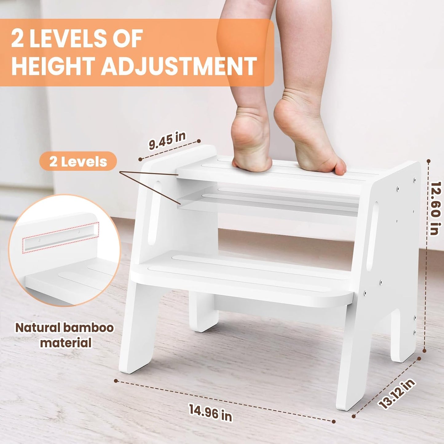 Toddler Step Stool, Wooden Height-Adjustable 2-Step Stool for Kids, Potty Training Stool with Handles for Bathroom Sink, Kitchen, Bedroom