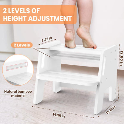 Toddler Step Stool, Wooden Height-Adjustable 2-Step Stool for Kids, Potty Training Stool with Handles for Bathroom Sink, Kitchen, Bedroom