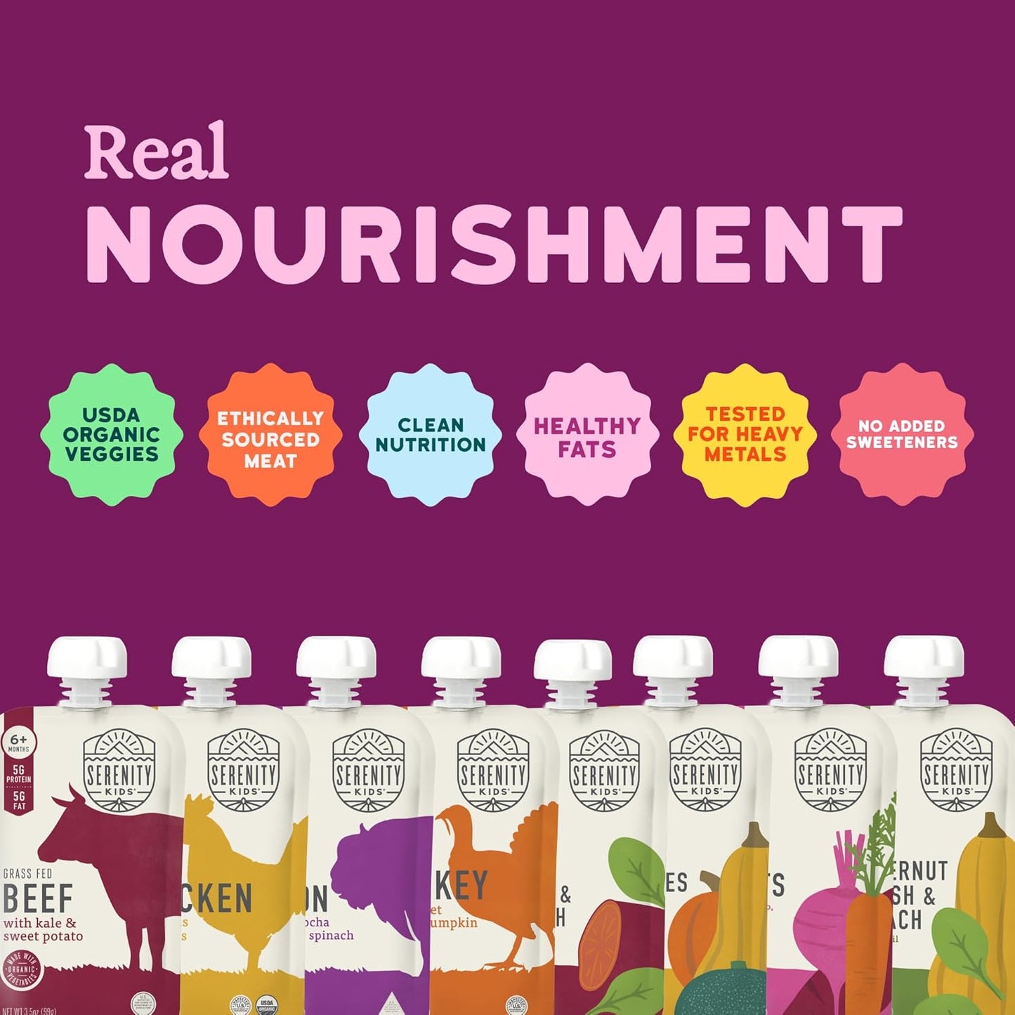 Serenity Kids 6+ Months Organic Baby Food Pouches - 5g Protein Nutrient-Packed Baby Puree Pouches - Organic Veggie-Rich Toddler Snack - On-the-Go Toddler Meals & Snack Pack - 8 Count, 3.5 Oz